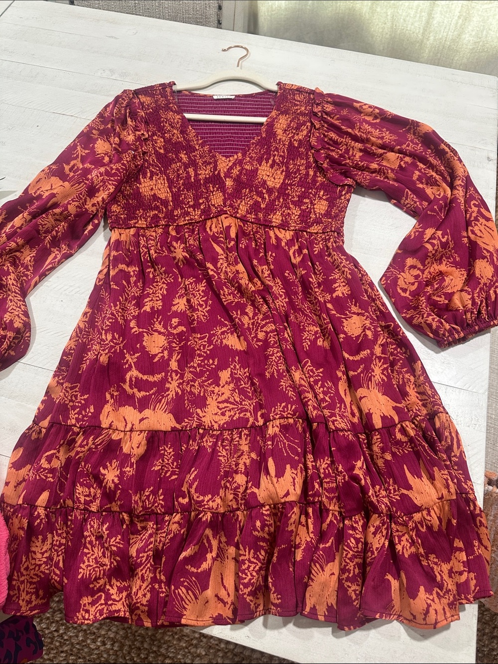JODIFL Burgundy and Orange Floral V-Neck Tiered Long Sleeve Dress